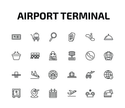 airport terminal outline icon set. 24 linear vector for ui, web and mobile. thin line terminal watch, luggage trolley, airport searchor and more icons.