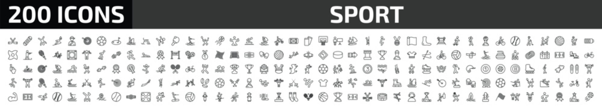 sport outline icon set. 200 linear vector for ui, web and mobile. thin line hockey, snowboard, cartwheel and more icons.