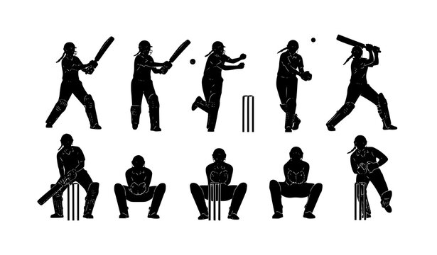 Young women cricket player silhouettes set with batting bowling fielding and wicket keeper poses sport vector