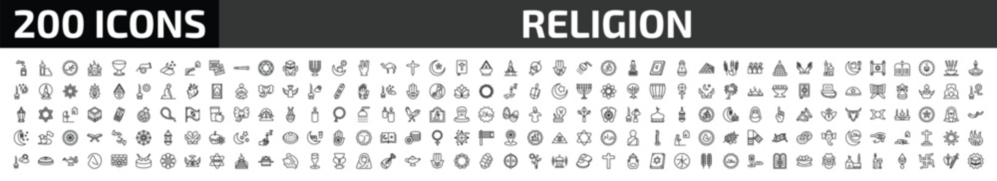 religion outline icon set. 200 linear vector for ui, web and mobile. thin line sadaqah charity, minbar, muhammad word and more icons.