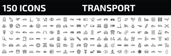 Naklejka premium transport outline icon set. 150 linear vector for ui, web and mobile. thin line diesel train, way, air transport and more icons.