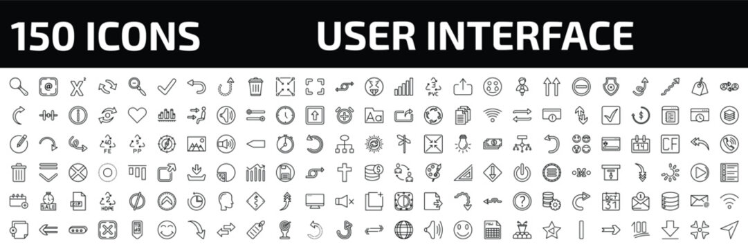user interface outline icon set. 150 linear vector for ui, web and mobile. thin line look, at, superscript and more icons.