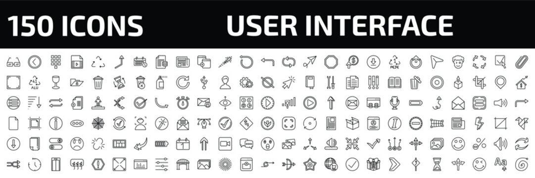 user interface outline icon set. 150 linear vector for ui, web and mobile. thin line square glasses, round left button, telephone keypad and more icons.