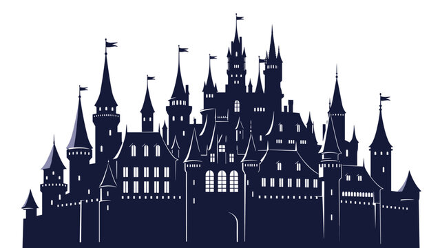 Dark silhouette of a majestic fairytale castle with numerous pointed towers and flags standing against a plain white background.