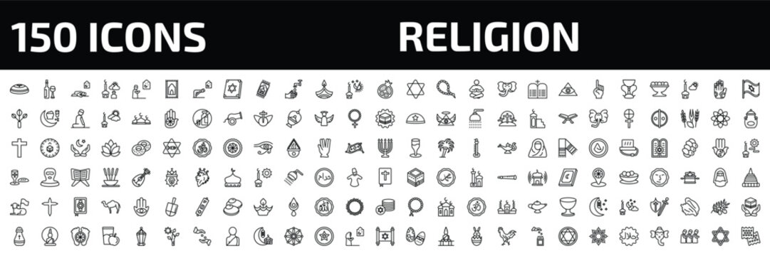 religion outline icon set. 150 linear vector for ui, web and mobile. thin line kippah, hebrew wine, sujud posture and more icons.
