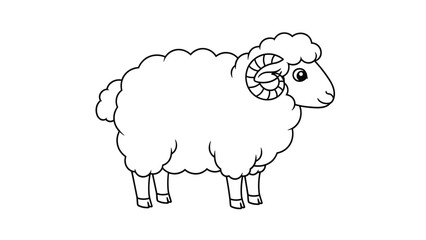 Obraz premium Clean line art drawing of a ram or male sheep with large curved horns standing in a neutral profile position for coloring books.