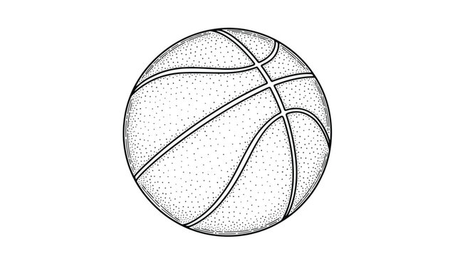 Detailed black and white line art drawing of a basketball showing its textured surface and iconic seam pattern for sports art.