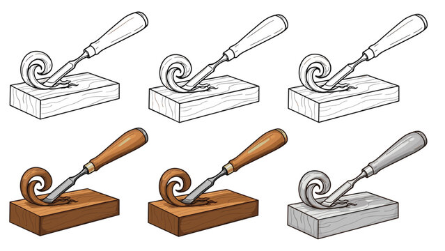 Craftsmanship icons featuring a chisel carving into a block of wood with curly shavings shown in diverse artistic styles.
