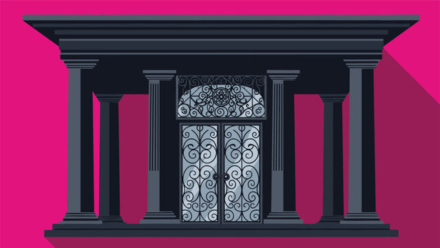 Architectural illustration of a grand classical building facade with dark pillars and ornate wrought iron doors against a pink background.