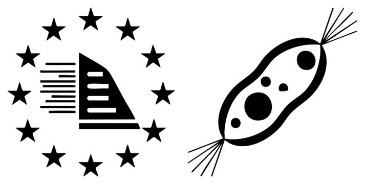 EU flag symbol with stars and stylized ship, paramecium protozoan with cilia and internal organelles, scientific illustration, biology education, microscopic life form.