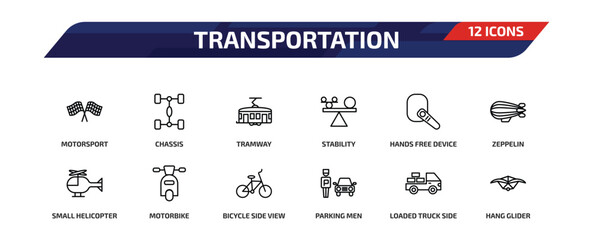 transportation outline icon set. 12 linear vector for ui, web and mobile. thin line motorsport, chassis, tramway and more icons. © Farahim