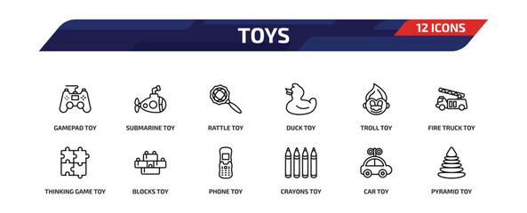 toys outline icon set. 12 linear vector for ui, web and mobile. thin line gamepad toy, submarine toy, rattle toy and more icons. © Farahim