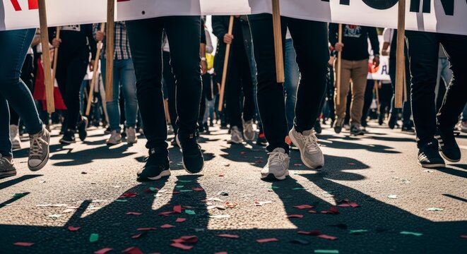People marching in protest with signs.