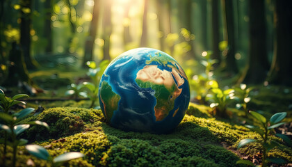 A vibrant Earth globe nestled among lush green moss in a sun-drenched forest, symbolizing environmental protection, global responsibility, and the interconnectedness of our natural world