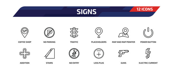 signs outline icon set. 12 linear vector for ui, web and mobile. thin line coffee shop, no parking, traffic and more icons.