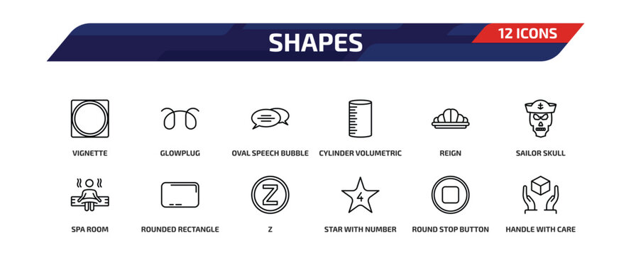 shapes outline icon set. 12 linear vector for ui, web and mobile. thin line vignette, glowplug, oval speech bubble and more icons.