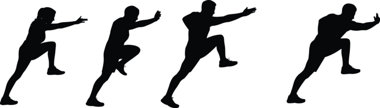 Set of athletic silhouettes showing people climbing stepping or lunging with arms outstretched for fitness sports and obstacle course concepts