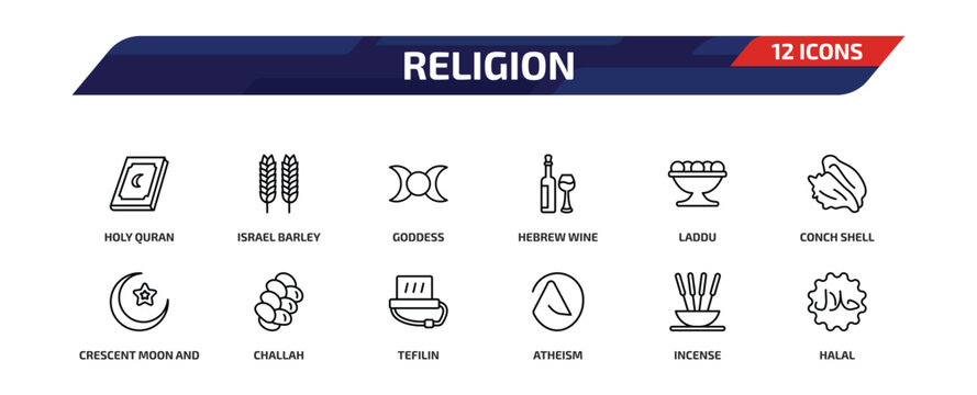 religion outline icon set. 12 linear vector for ui, web and mobile. thin line holy quran, israel barley, goddess and more icons.