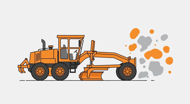 Orange Motor Grader Working On Road Construction With Debris Flying