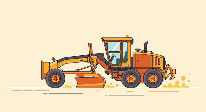 Orange Motor Grader Working On Construction Site Flat Design Style