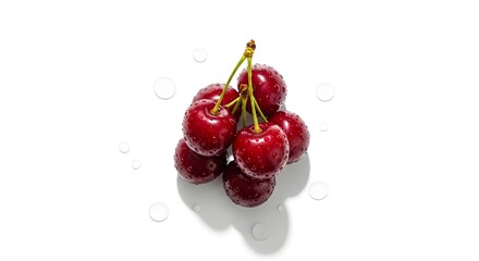 A cluster of fresh ripe and juicy cherries on a stem
