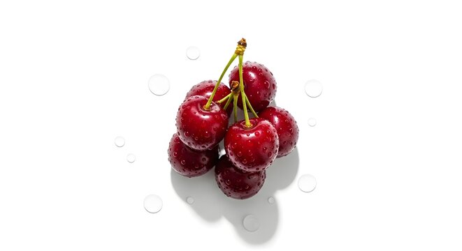 A cluster of fresh ripe and juicy cherries on a stem