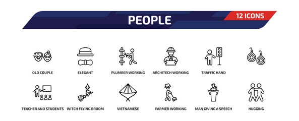 people outline icon set. 12 linear vector for ui, web and mobile. thin line old couple, elegant, plumber working and more icons.