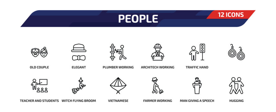 people outline icon set. 12 linear vector for ui, web and mobile. thin line old couple, elegant, plumber working and more icons.