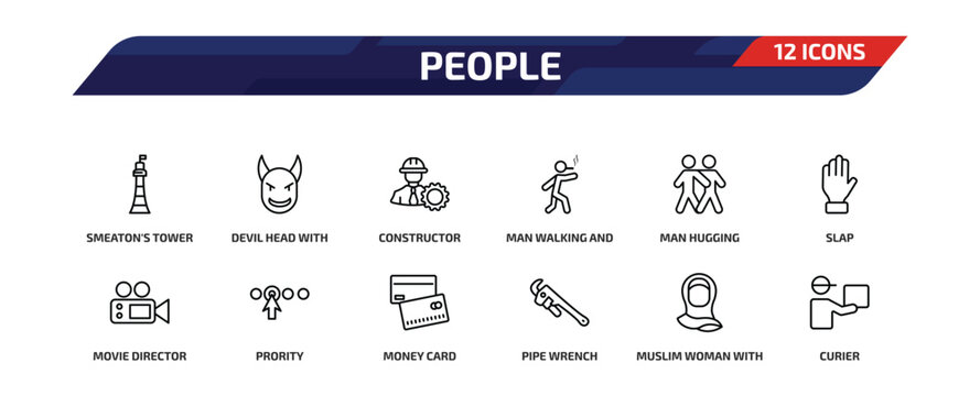 people outline icon set. 12 linear vector for ui, web and mobile. thin line smeaton's tower, devil head with horns, constructor and more icons.