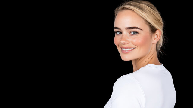German sport woman athlete wearing white sportswear smiling isolated on black background