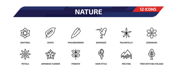 nature outline icon set. 12 linear vector for ui, web and mobile. thin line daffodil, ovate, philodendron and more icons. © Farahim