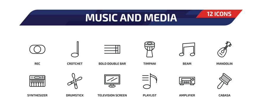 music and media outline icon set. 12 linear vector for ui, web and mobile. thin line rec, crotchet, bold double bar line and more icons.