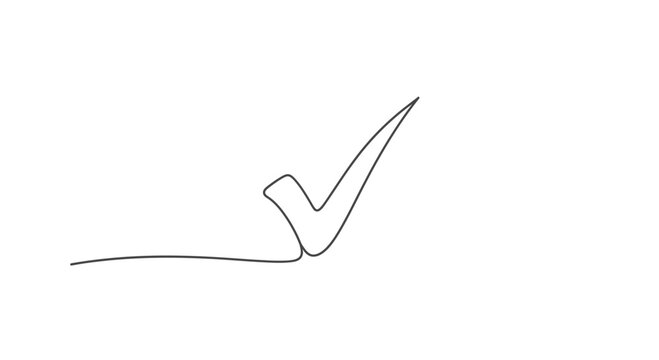 Minimalist continuous line art drawing of a checkmark symbol representing completion and success