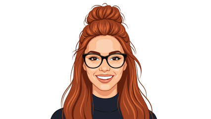 Obraz premium Portrait of a happy smiling woman with glasses and long red hair tied in a high bun wearing a black turtleneck on a white background.