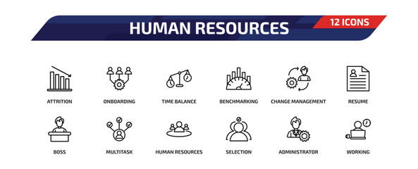 human resources outline icon set. 12 linear vector for ui, web and mobile. thin line attrition, onboarding, time balance and more icons.