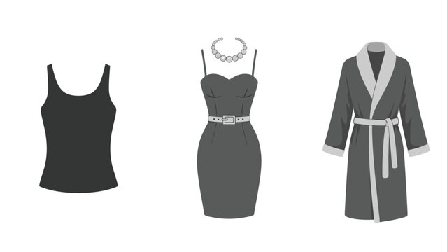 Greyscale silhouettes of women's clothing and accessories including a tank top elegant dress with a necklace and a belted bathrobe.