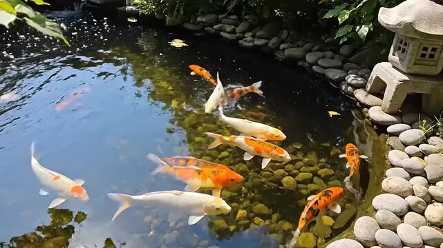 A serene pond scene with koi fish swimming near a stone lantern surrounded by rocks and greenery in a peaceful outdoor setting.