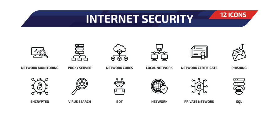 internet security outline icon set. 12 linear vector for ui, web and mobile. thin line network monitoring, proxy server, network cubes and more icons.