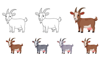 Obraz premium Seven variations of a cute goat character are presented in different colors and artistic styles from line art to flat illustrations.