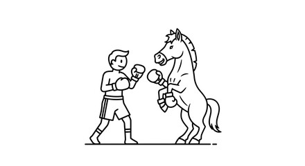 Obraz premium Stylized monochrome illustration of an improbable boxing showdown between a man and a horse
