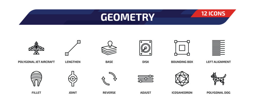 geometry outline icon set. 12 linear vector for ui, web and mobile. thin line polygonal jet aircraft, lengthen, base and more icons.