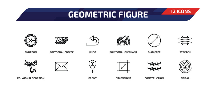 geometric figure outline icon set. 12 linear vector for ui, web and mobile. thin line ennegon, polygonal coffee cup, undo and more icons.