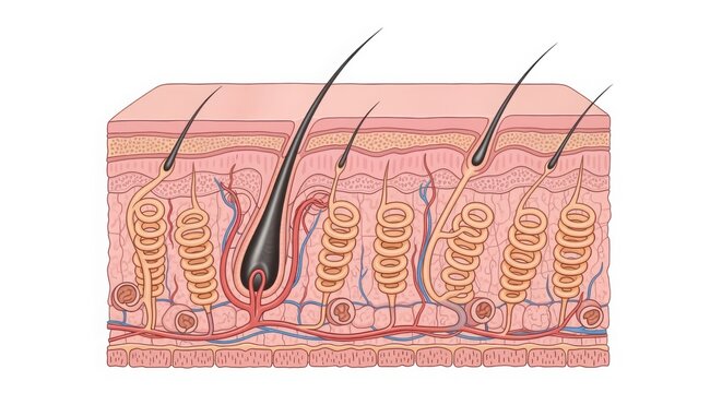 Cross-sectional illustration of human skin showing hair follicles, sweat glands, blood vessels, and multiple skin layers.