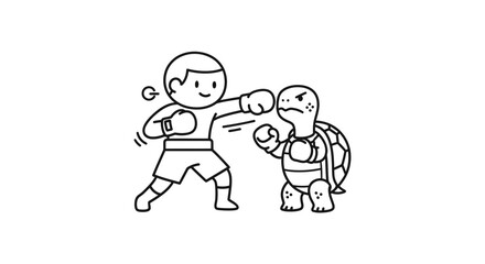Naklejka premium Charming Line Art Depicting a Joyful Boxer Engaging an Ambitious Turtle in a Playful Boxing Match