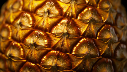 Fototapeta premium Golden toned pineapple skin in extreme macro shows geometric pattern, exotic abstract concept