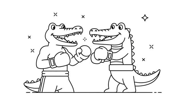 Two friendly cartoon crocodiles prepare for an exciting boxing match in this playful illustration