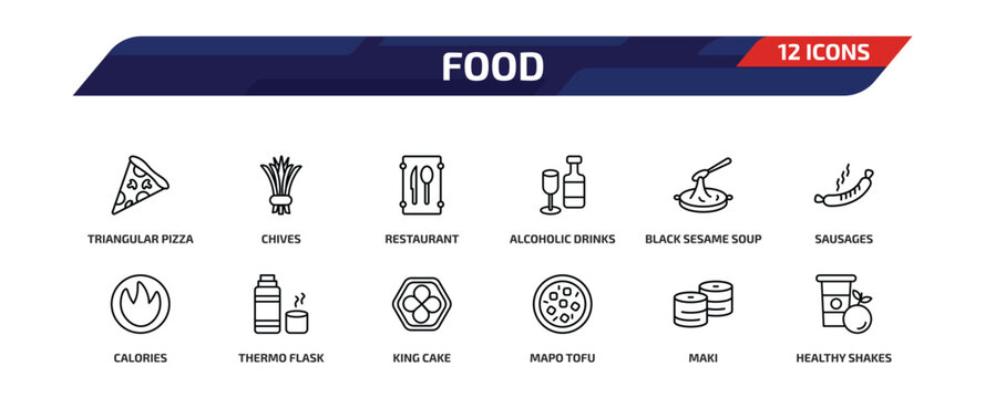 food outline icon set. 12 linear vector for ui, web and mobile. thin line triangular pizza slice, chives, restaurant and more icons.