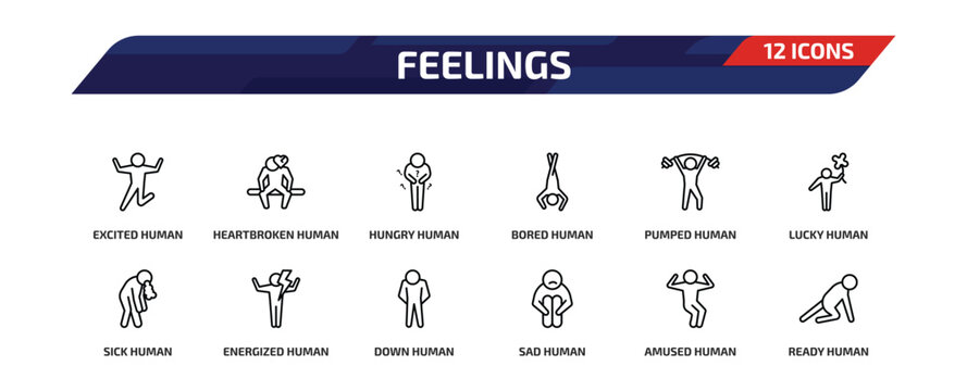 feelings outline icon set. 12 linear vector for ui, web and mobile. thin line excited human, heartbroken human, hungry human and more icons.