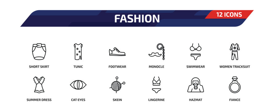 fashion outline icon set. 12 linear vector for ui, web and mobile. thin line short skirt, tunic, footwear and more icons.