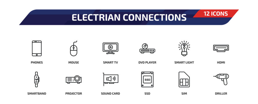 electrian connections outline icon set. 12 linear vector for ui, web and mobile. thin line phones, mouse, smart tv and more icons.